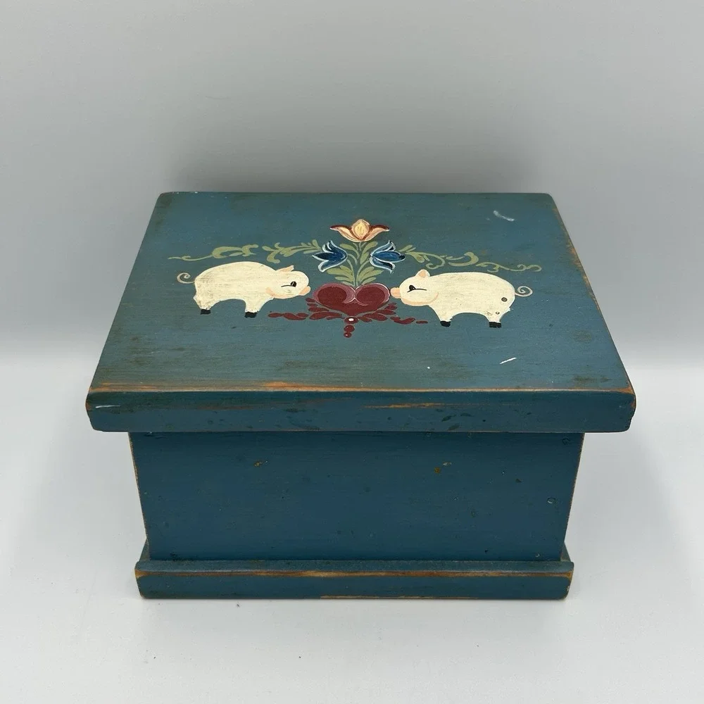 Vintage Wooden Recipe Hinged File Box Kitchen Farmhouse Cottagecore Pigs